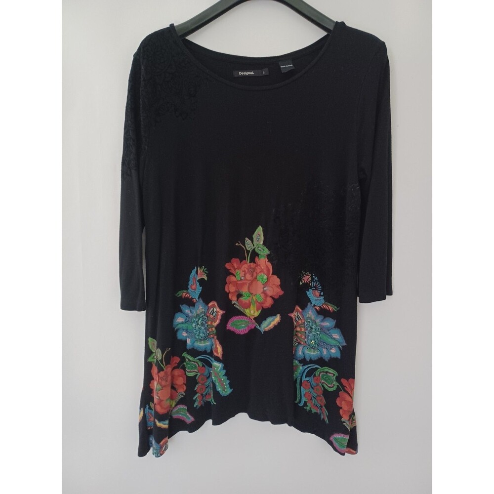 Desigual Women Size L Boho Top Artsy Vibrant Abstract Tunic Beaded Eclectic